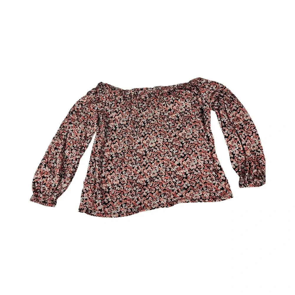 Michael Kors Womens Pink‎ Floral Off The Shoulder Long Sleeve Top Size M MK Logo